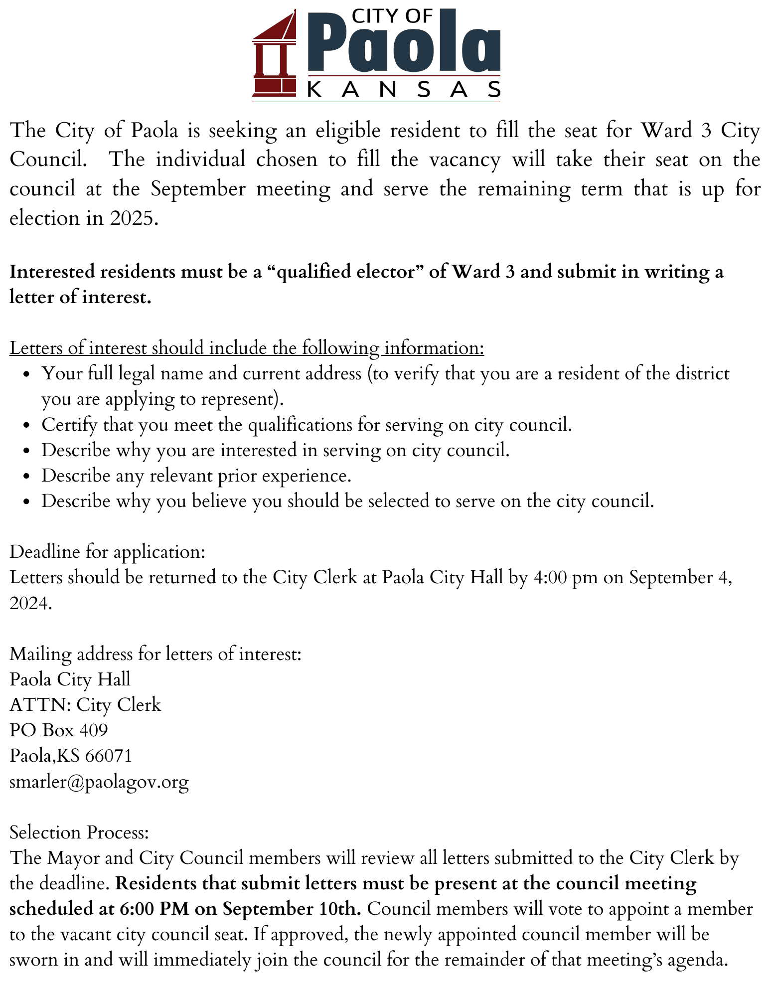 WARD 3 PAOLA VACANT COUNCIL SEAT (1)